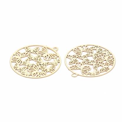Rack Plating 201 Stainless Steel Filigree Pendants, Etched Metal Embellishments, Nickel Free, Flat Round with Butterfly