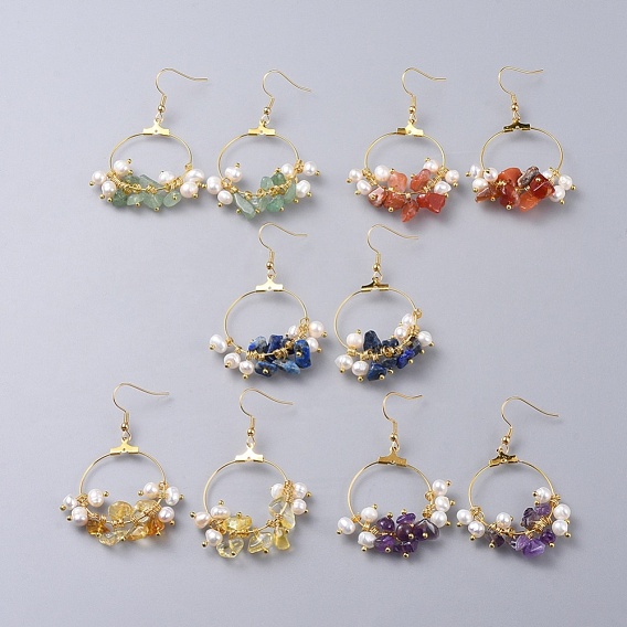Perles de copeaux de pierres précieuses naturelles, avec perles nacrées, pièces en laiton et 304 crochets en acier inoxydable