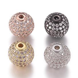 CZ Jewelry Brass Micro Pave Cubic Zirconia Round Beads, Clear, 12mm, Hole: 2mm