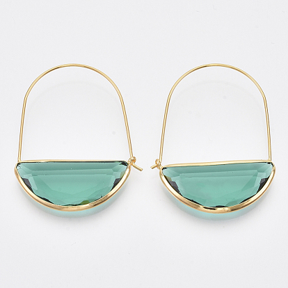 Brass Hoop Earrings, with Glass, Nickel Free, Real 18K Gold Plated, Faceted, Half Round