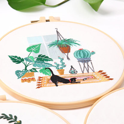 DIY Cat & Plants Pattern Embroidery Kits, Including Printed Cotton Fabric, Embroidery Thread & Needles, Imitation Bamboo Embroidery Hoop