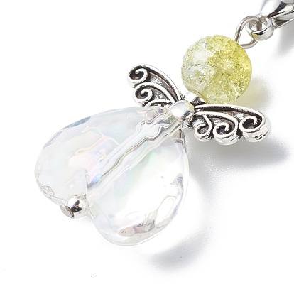 Décorations de pendentif de perles acryliques transparentes de couleur ab, charms à pince coeur ange, avec perles de verre craquelées et fermoirs mousqueton en alliage de zinc