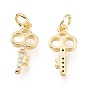 Brass Micro Pave Clear Cubic Zirconia Charms, with Jump Rings, Long-Lasting Plated, Key