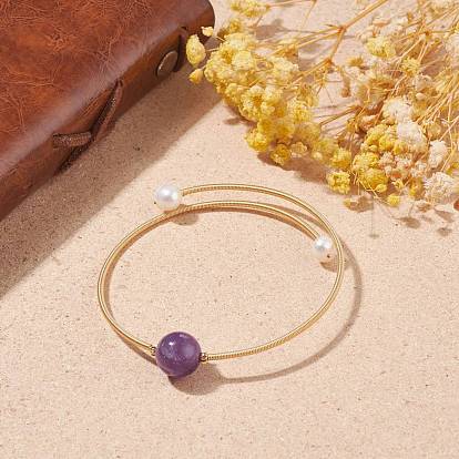 Natural Pearl & Gemstone Round Beaded Wrap Cuff Bangle, Brass Torque Bangle for Women, Golden