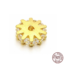 925 Sterling Silver Spacer Beads, with Clear Cubic Zirconia, Flower