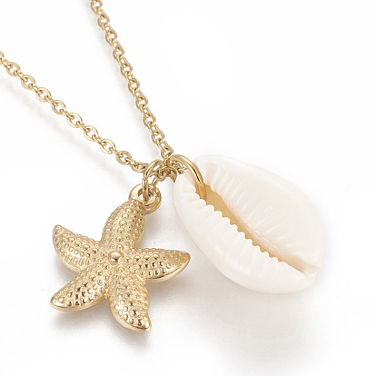 304 Stainless Steel Pendant Necklaces, with Natural Cowrie Shell, Starfish/Sea Stars