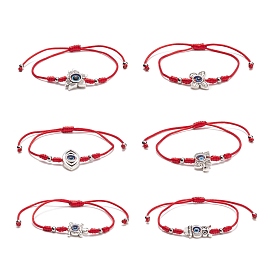 6Pcs 6 Style Lotus & Horse Eye & Butterfly & Tortoise & Owl Alloy Braided Bead Bracelets Set, Resin Evil Eye Beaded Adjustable Bracelets for Women