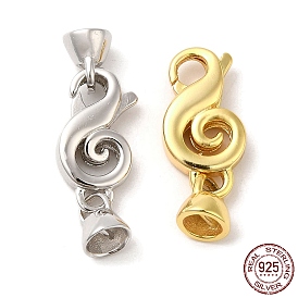 925 Sterling Silver Lobster Claw Clasps with Cord End, Musical Note, with 925 Stamp