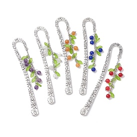 Mixed Natural Gemstone Bead Pendant Bookmarks with Acrylic Leaf, Flower Pattern Alloy Bookmark