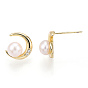 Boucles d'oreilles en perles naturelles avec zircons cubiques, boucles d'oreilles lune en laiton avec épingles en argent sterling