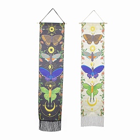 Tapisseries murales décoratives en polyester, pour la décoration, avec barre en bois, corde de nulon, crochet en plastique, rectangle avec le motif de papillon