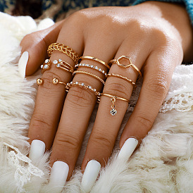 Stylish Geometric Gold 8-Piece Ring Set with Diamond Pendant - European and American Fashion Jewelry