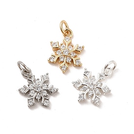 Rack Plating Brass Micro Pave Cubic Zirconia Charms, Long-Lasting Plated, Cadmium Free & Lead Free, with Jump Ring, Snowflake Charm