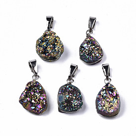 Electroplate Natural Druzy Agate Pendants, with Platinum Tone Brass Pinch Bail, Dyed, Teardrop
