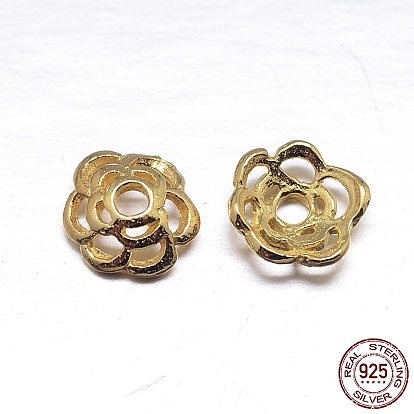 Real 18K Gold Plated 6-Petal 925 Sterling Silver Bead Caps, Flower, 6x2mm, Hole: 1.5mm, about 111pcs/20g