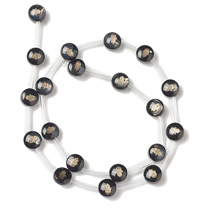 Handmade Lampwork Beads Strands, with Golden Tone Brass Findings & Enamel, Flat Round, Black