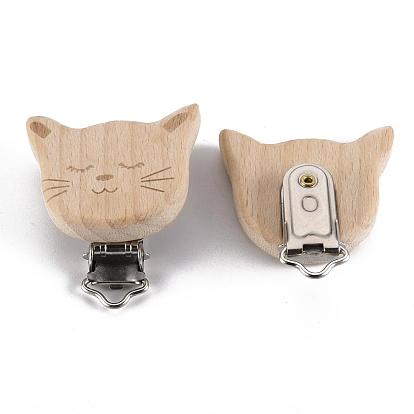 Clips porte-tétine pour bébé chaton en bois de hêtre, avec des clips de fer, tête de chat, platine
