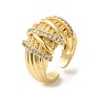 Rack Plating Real 18K Gold Plated Brass Criss Cross Open Cuff Rings, with Cubic Zirconia, Long-Lasting Plated, Lead Free & Cadmium Free