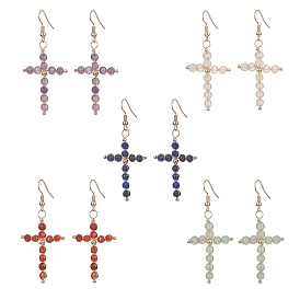 Natural Mixed Stone Cross Dangle Earrings, Brass Wires Wrap Earrings for Women