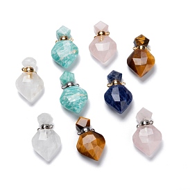 Natural Mixed Gemstone Perfume Bottle Pendants, with Brass Findings, Faceted, Rhombus