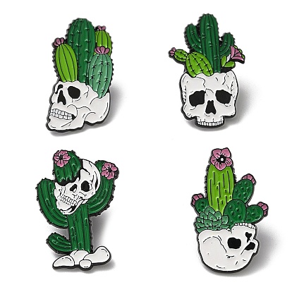 Broche en alliage noir, épingles en émail, crâne avec cactus