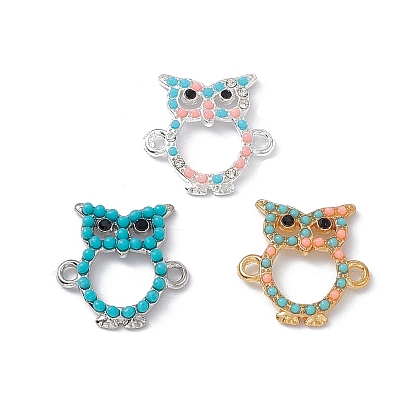 Alloy Connector Charms, Owl Links, with Rhinestones and Synthetic Turquoise