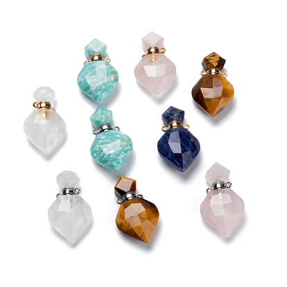 Pendentifs de bouteille de parfum de pierres précieuses mélangées naturelles, avec les accessoires en laiton, facette, losange