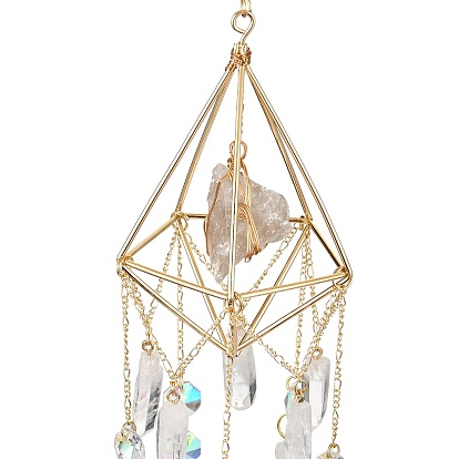 Décorations pendentif glands en cristal de quartz, avec perles de verre et cage de pochette en macramé en fer, losange