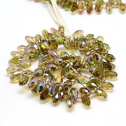 Electroplate Glass Beads Strands, Top Drilled Beads, Half Plated, Faceted, Teardrop, 12x6x6mm, Hole: 1mm