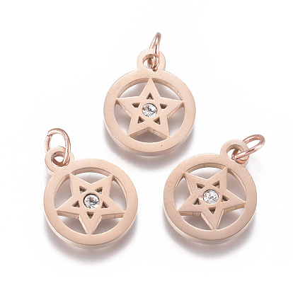 316 Surgical Stainless Steel Charms, with Micro Pave Cubic Zirconia and Jump Ring, Long-Lasting Plated, Pentacle