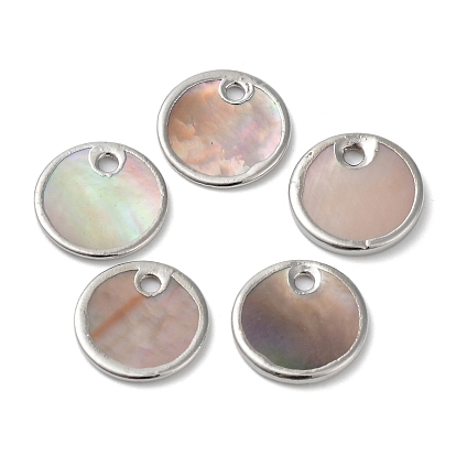 Natural Sea Shell Pendants, Flat Round Charms with Brass Edge