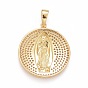 Rack Plating Brass Micro Pave Clear Cubic Zirconia Pendants, Cadmium Free & Nickel Free & Lead Free, Long-Lasting Plated, Religion, Flat Round with Virgin Mary Pattern