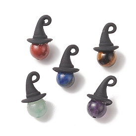 Halloween Theme Natural Mixed Stone Round Pendants, Witch Charms, with Black Alloy Hat