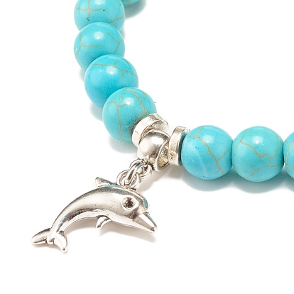 Bracelet extensible perlé rond turquoise synthétique avec goutte charm pour femme, forme mixte