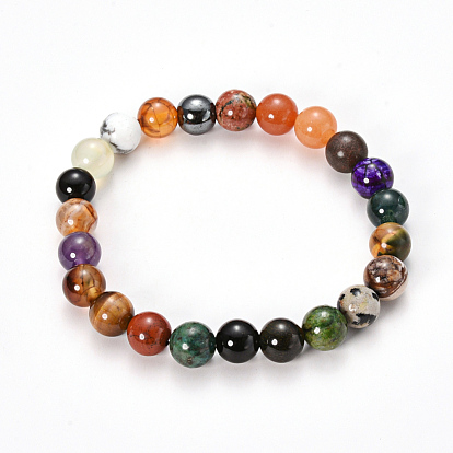 Natural & Synthetic Mixed Stone Beaded Stretch Bracelets, Mixed Stone, Round
