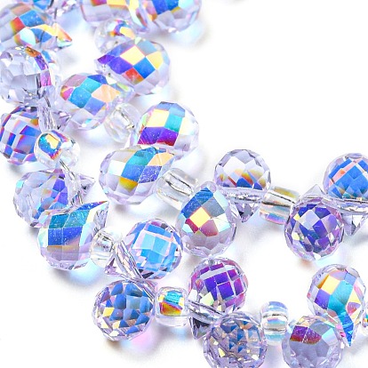 Electroplate Glass Beads Strands, AB Color Plated, Faceted Teardrop, Top Drilled