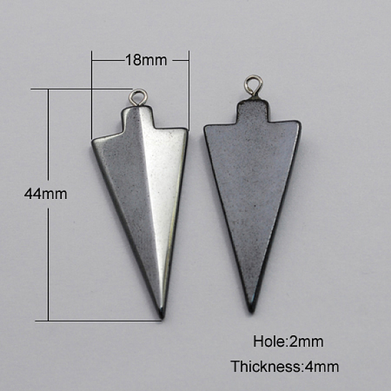 Non-magnetic Hematite Pendants, Grade A, with Iron Findings, Triangle, Black, 44x18x4mm, Hole: 2mm