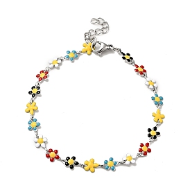 Colorful Enamel Flower Link Chain Bracelet, 304 Stainless Steel Jewelry for Women