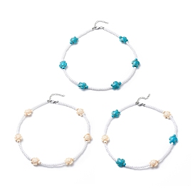 3pcs 3 ensemble de colliers de perles acryliques et de tortues turquoises synthétiques teintes en couleur, colliers empilables de pierres précieuses pour femmes