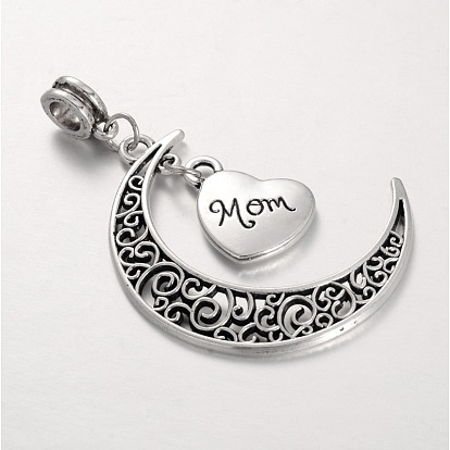 Mother's Day Theme, Tibetan Style Alloy Large Hole European Dangle Charms, Moon and Heart Pendants, with Word Mom, 52mm, Hole: 5mm