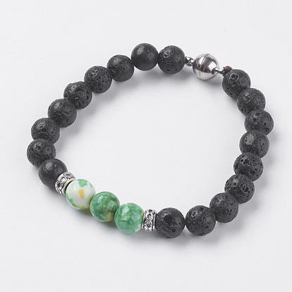 Bracelets extensibles en perles de lave naturelle, avec pierre précieuse et fermoir magnétique