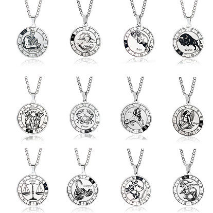 Unisex 201 Stainless Steel Constellation Pendant Necklaces, with Curb Chains, Laser Engraved Pattern, Flat Round