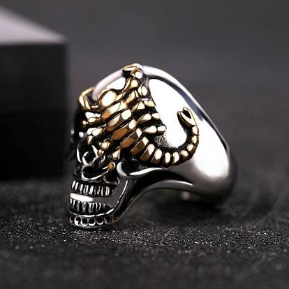 Two Tone 316L Surgical Stainless Steel Skull with Scorpion Finger Ring, Gothic Punk Jewelry for Women