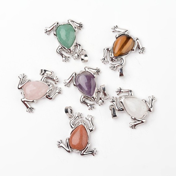 Pendentifs pierres précieuses grenouille, avec les accessoires en laiton, platine, 30x29x7mm, Trou: 7x5mm