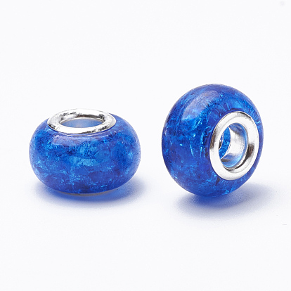 Crackle Resin European Beads, Large Hole Beads, with Silver Color Plated Brass Cores, Rondelle