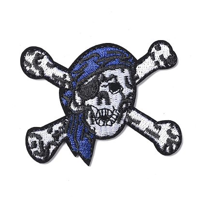 Computerized Embroidery Cloth Iron on/Sew on Patches, Costume Accessories, Appliques, for Backpacks, Clothes, Pirate Skull/Crossbone with Blue Bandana