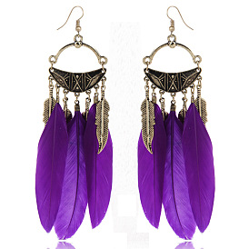 Colorful Feather Earrings with Leaves in Purple, White, Blue and Orange