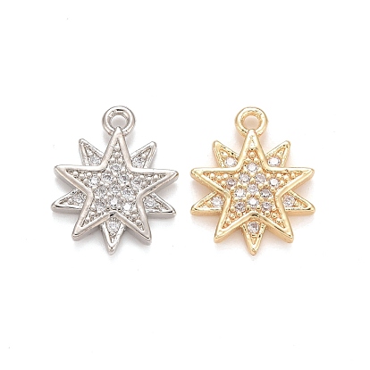 Brass Micro Pave Clear Cubic Zirconia Charms, Lead Free & Cadmium Free, Star
