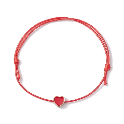 Alloy Enamel Heart Braided Bead Bracelet, Waxed Polyester Cords Adjustable Bracelet