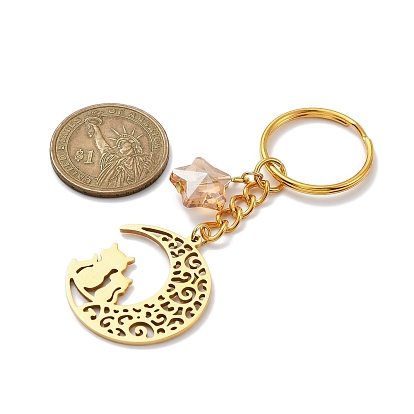 Porte-clés chat lune creuse en acier inoxydable, avec anneau porte-clés en fer et pendentif étoile en verre